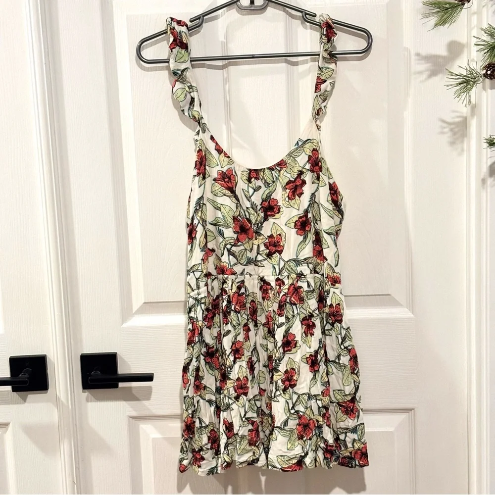 FREE PEOPLE Floral Tropical Ruffle Shoulder Side Tie‎ POCKETS Mini Dress SIZE XS